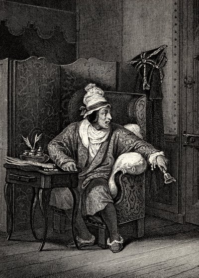 Cena de The Imaginary Invalid de Moliere, de Horace Vernet, gravura - Le Malad imaginaire de Jean-Baptiste Poquelin dit Moliere (1622-1673) de Emile Jean Horace Vernet