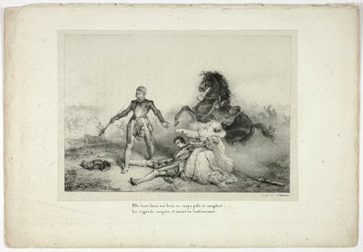 Ela segurava em seus braços o cadáver pálido e sangrento... de Emile Jean Horace Vernet