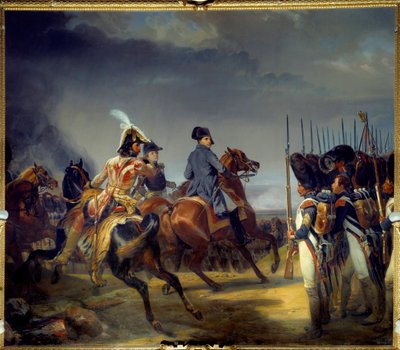 A Batalha de Iena em 14/10/1806, Imperador Napoleão I (1769-1821), Joachim Murat e Louis Alexandre (Louis-Alexandre) Berthier passam na revisão da guarda Pintura de Emile dit Horace Vernet (1789-1863) 1836 Dim 4,65x5,43 m de Emile Jean Horace Vernet