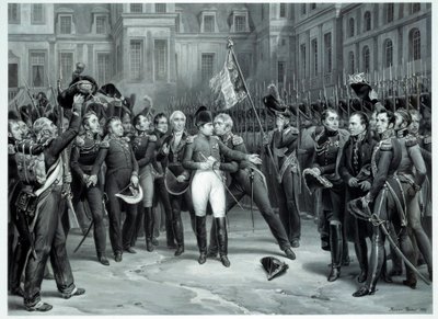O adeus de Napoleão Bonaparte (1769-1821) à guarda imperiosa no pátio do Cheval Blanc em Fontainebleau 20/04/1814 Gravação de Emile Vernet dit Horace Vernet (1789-1863) 1814 Paris, B.N. de Emile Jean Horace Vernet