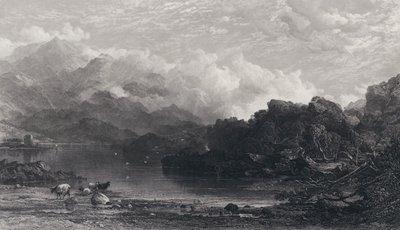 Um, highland, loch, névoa, descansar, ligado, montanhas de Horatio Macculloch