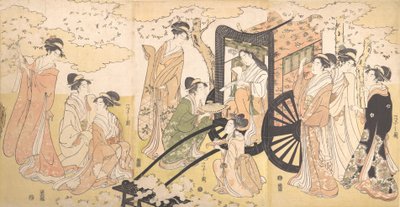 Uma excursão de observação de cerejas por uma nobre dama e atendentes, ca. 1797. de Hosoda Eishi