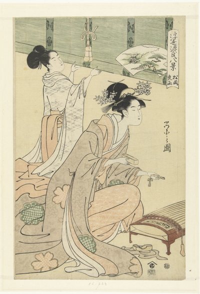 Chuva e vento nocturno nos pinheiros.
Matsukaze yau (título sobre o objecto)
Oito faces fluidas do mundo da história de Genji. (título da série)
Ukiyo Genji hakkei (título da série sobre o objecto) de Hosoda Eishi