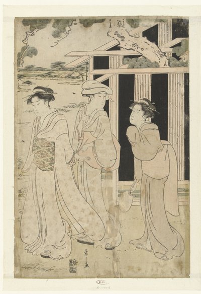 Três mulheres a caminhar junto ao lago de Hosoda Eishi