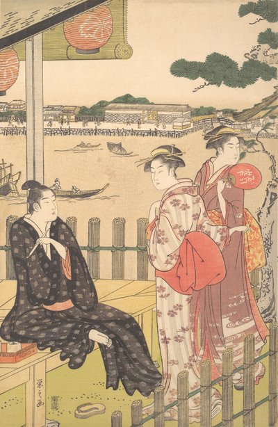Grupo em uma casa de chá na margem do rio Sumida, ca. 1790. de Hosoda Eishi