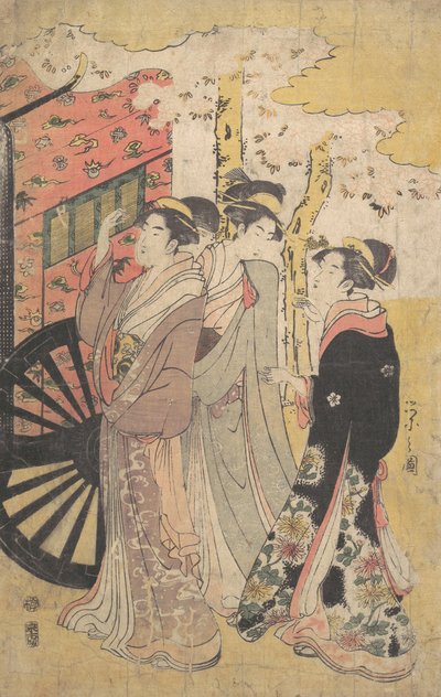 Senhora em uma carruagem da corte vendo as flores de cerejeira, ca. 1796 Kansei 8. de Hosoda Eishi