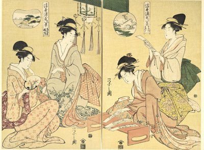 Spirit Summoner, Wild Geese Returning Home Maboroshi, Rakugan à direita e A Thin Veil..., 1797-99. de Hosoda Eishi