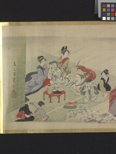 Três Deuses da Boa Fortuna Numa Saída de Prazer (tinta e cores claras sobre papel) de Hosoda Eishi