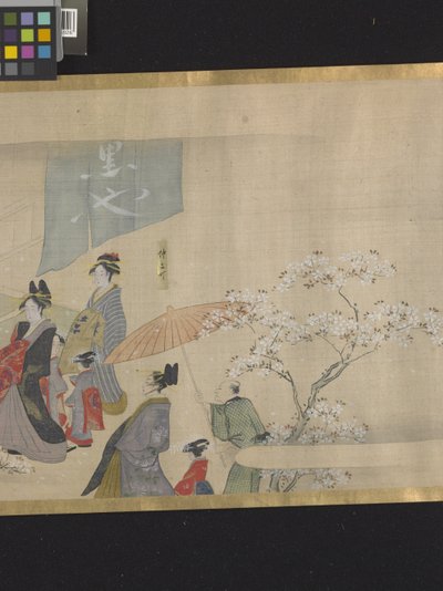 Três Deuses da Boa Fortuna Numa Saída de Prazer (tinta e cores claras sobre papel) de Hosoda Eishi