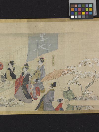 Três Deuses da Boa Fortuna Numa Saída de Prazer (tinta e cores claras sobre papel) de Hosoda Eishi