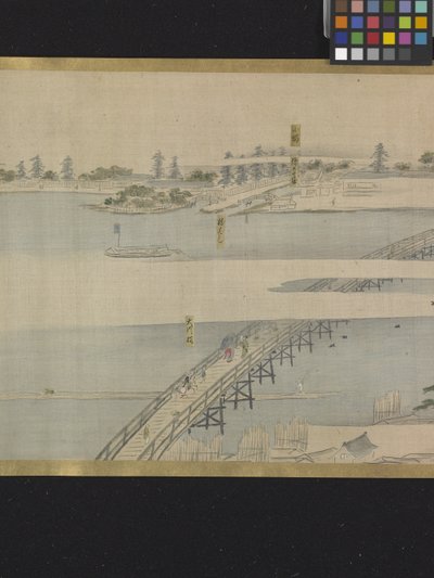 Três Deuses da Boa Fortuna Numa Saída de Prazer (tinta e cores claras sobre papel) de Hosoda Eishi