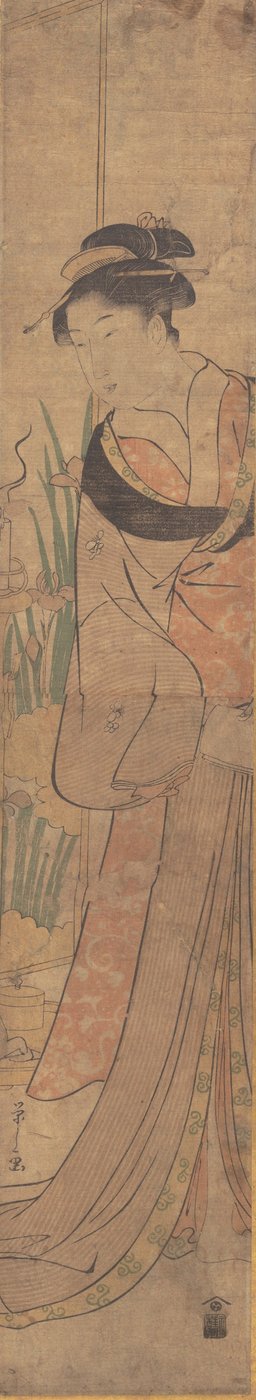 Jardim da jovem senhora e íris. de Hosoda Eishi