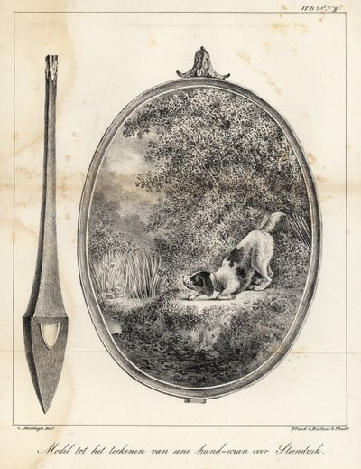 Modelo para um desenho para um ecrã bordado à mão mostrando um cão na margem de um rio de Houtman Van