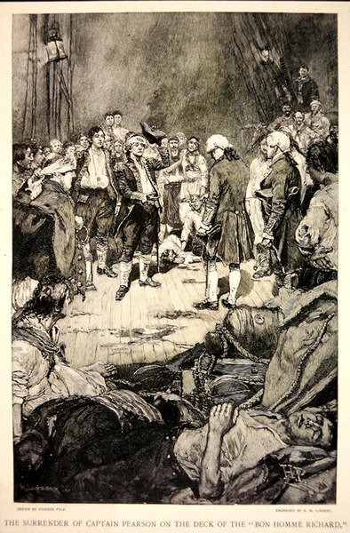 A rendição do Capitão Pearson a John Paul Jones no convés do Bonhomme Richard em 1779 (litho) de Howard (after) Pyle