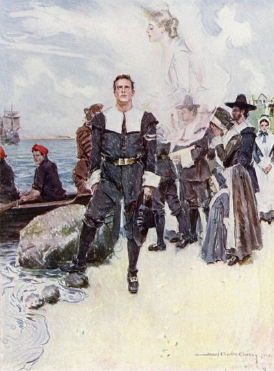 Ilustração para O cortejo de Miles Standish por Henry Wadsworth Longfellow (cor litho) de Howard Chandler (after) Christy