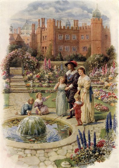 Rei Carlos I e Rainha Henrietta em Hampton Court (cor litho) de Howard Davie