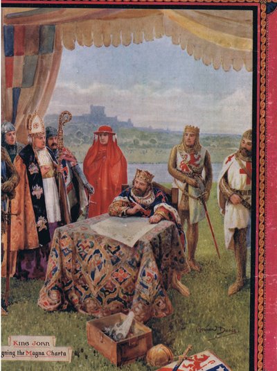 Rei João assinando a Carta Magna, ilustração de "Madame Tussauds" (cor litho) de Howard Davie