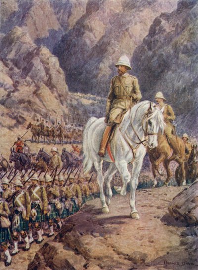 Lord Roberts, na marcha para Kandahar (cor litho) de Howard Davie