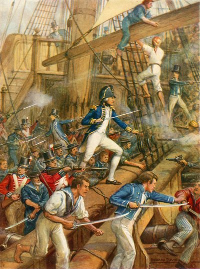 Nelson embarca no San Nicolas (cor litho) de Howard Davie
