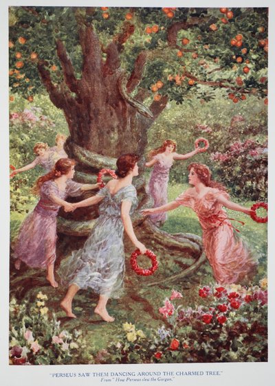 Perseus viu-os dançar à volta da árvore encantada (cor litho) de Howard Davie