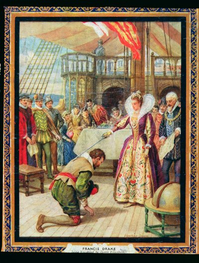 Rainha Elizabeth I (1530-1603) cavaleiros Francis Drake (1540-96), ilustração de 