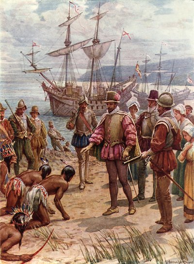 Sir Walter Raleigh aterragem na Virgínia (cor litho) de Howard Davie