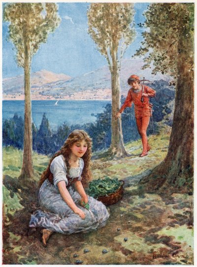 "De repente parou e olhou em êxtase", dos Contos de Fadas italianos, de Lilia E. Romano, publicado por Raphael Tuck & Sons (cor litho) de Howard Davie