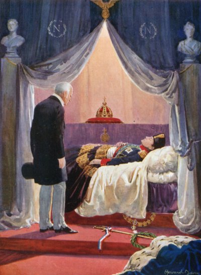 O Duque de Wellington Visiting the Effigy of Napoleon (cor litho) de Howard Davie