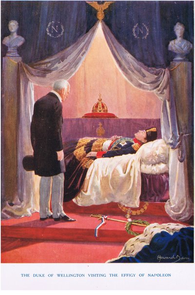 O Duque de Wellington visitando a efígie de Napoleão, ilustração de "Madame Tussauds" (cor litho) de Howard Davie