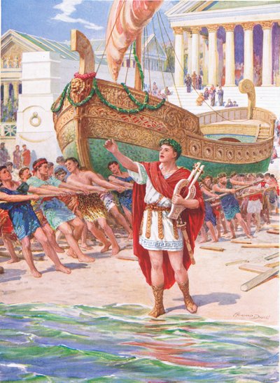 Depois Orfeu pegou na sua harpa e começou a sua canção mágica", ilustração para "Como construíram o navio "Argo" em Iolcos", de The Heroes of Greek Fairy Tales, de Charles Kingsley (1819-75) (cor litho) de Howard Davie