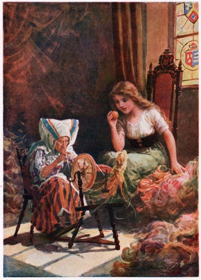 Milhares de meadas da seda mais macia", dos Contos de Fadas italianos, de Lilia E. Romano, publicado por Raphael Tuck & Sons (cor litho) de Howard Davie