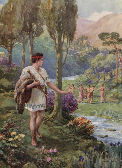 Sob a sombra de rochas e árvores dançavam ninfas e pastores (lito colorido) de Howard Davie