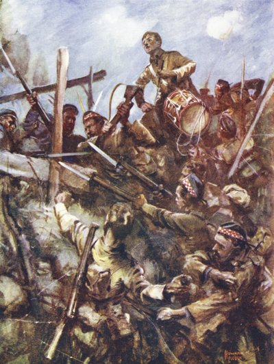 Baterista Walter Ritchie em pé no parapeito do inimigo para soar a carga, sob fogo de metralhadora pesada e ataques a bomba, Beaumont Hamel, França, 1 de julho de 1916 de Howard K. Elcock