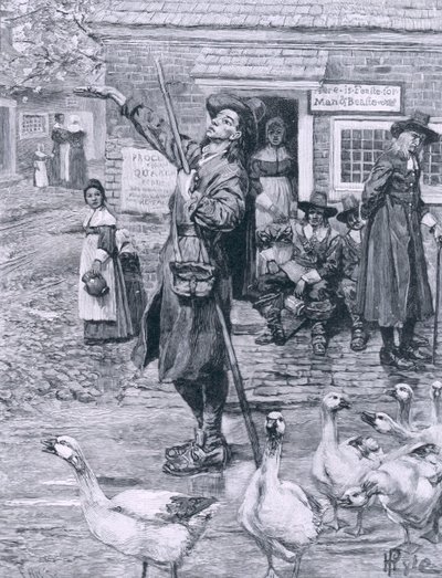 Um quaker Exhorter em Nova Inglaterra, ilustração "da segunda geração de ingleses em América" por Thomas Wentworth Higginson, bar. na revista Harper&39;s, 1883 de Howard Pyle