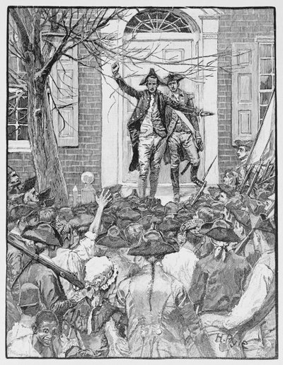 Alexander Hamilton, abordando a multidão, ilustração de &39;King&39;s College&39; por John McMullen, pub. na revista Harper, 1884 de Howard Pyle