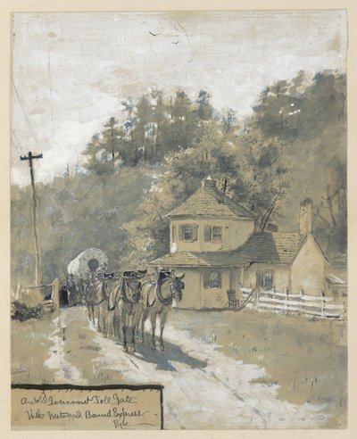 Uma antiga portagem governamental com um expresso rumo a oeste, desenho de uma ilustração para o artigo "The Old National Pike", de William Henry Rideing de Howard Pyle