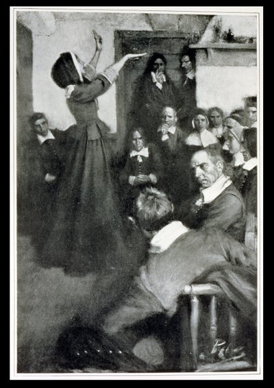 Anne Hutchinson que prega em sua casa em Boston, 1637, ilustração "das colônias e da nação" por Woodrow Wilson, bar. na revista Harper&39;s, 1901 de Howard Pyle