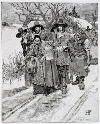 Prendendo uma bruxa, gravada por J. Bernstrom, ilustração "da segunda geração de ingleses em América" por Thomas Wentworth Higginson, bar. na revista Harper&39;s, 1883 de Howard Pyle