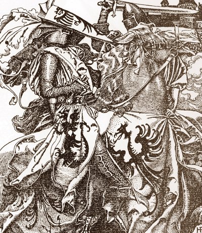 Lenda arturiana: Kay (Keu), cavaleiro da mesa redonda, parte a sua espada num Torneio (Sir Kay, cavaleiro da mesa redonda, parte a sua espada num Torneio) Ilustração de Howard Pyle (1853-1911) de "A história do rei Artur e dos seus cavaleiros" 190 de Howard Pyle