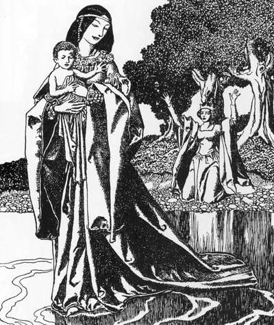 Lenda de Arthurian: la dame du Lac capaz de Lancelot enfant (Lancelot é levada pela Senhora do Lago) Ilustração de Howard Pyle (1853-1911) de "A história dos campeões da mesa redonda" 1903 Colecção privada de Howard Pyle