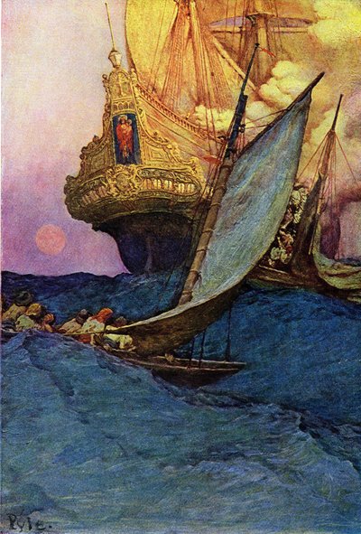 Atacando um galeão por piratas. "Livro de piratas Bucaneers e Marooners of the spanish Main" de Howard Pyle (1853-1911), ilustrador americano de Howard Pyle
