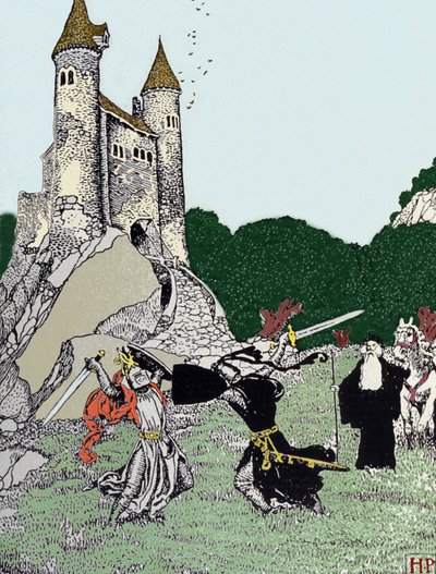 Batalha entre o Rei Artur (Artus) e o cavaleiro negro, na presença de Merlin, o encantador. Ilustração de Howard Pyle (1853 - 1911), ilustrador americano de Howard Pyle