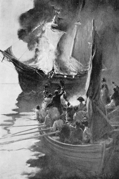 Queimadura do "Gaspee", ilustração das "colônias e nação" por Woodrow Wilson, bar. na revista Harper&39;s, 1901 de Howard Pyle