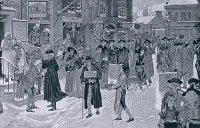 Manhã de Natal em New York velha antes da revolução, ilustração de Harper&39;s Weekly, bar. 25 de dezembro de 1880 de Howard Pyle