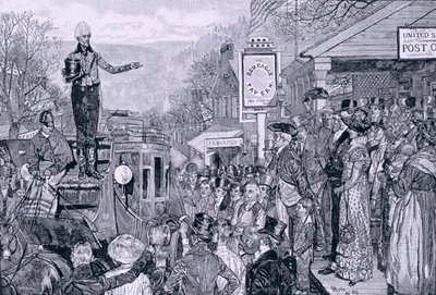 "General Jackson, presidente eleito, a caminho de Washington", ilustração de "A Presidential Progress", pub. em Harper&39;s Weekly, 1881 de Howard Pyle