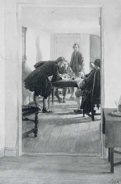 Na taberna velha de Raleigh, ilustração de "em casa em Virgínia" por Woodrow Wilson, bar. na revista Harper, 1896 de Howard Pyle