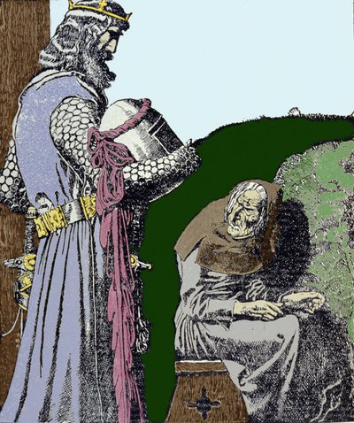 O Rei Artur (Artus) e a bruxa. Ilustração de Howard Pyle (1853 - 1911), ilustrador americano. de Howard Pyle