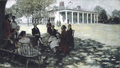 Martha e George Washington entretêm seus amigos no gramado de Mount Vernon, em 1898 (óleo e grisalha na tela) de Howard Pyle