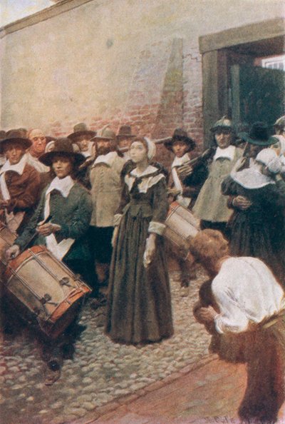 Mary Dyer em sua maneira ao andaime, ilustração "da suspensão de Mary Dyer" pelo rei da manjericão, bar. na revista McClure, 1906 de Howard Pyle