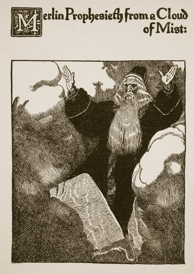 Merlin Prophesieth de uma nuvem de névoa, ilustração de &39;A história de Sir Launcelot e seus companheiros&39;, 1907 de Howard Pyle